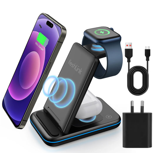 Foldable 3 in 1 Wireless Charger,With Certificated 18W QC 3.0 Adapter