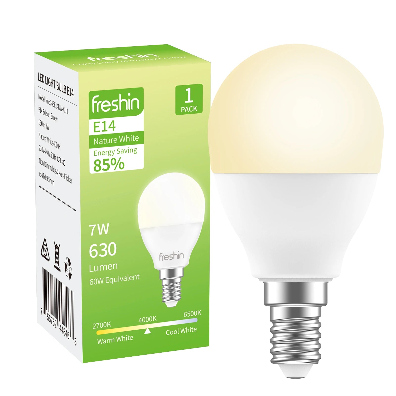 Natural White LED Bulb, E14 Globe, 7W