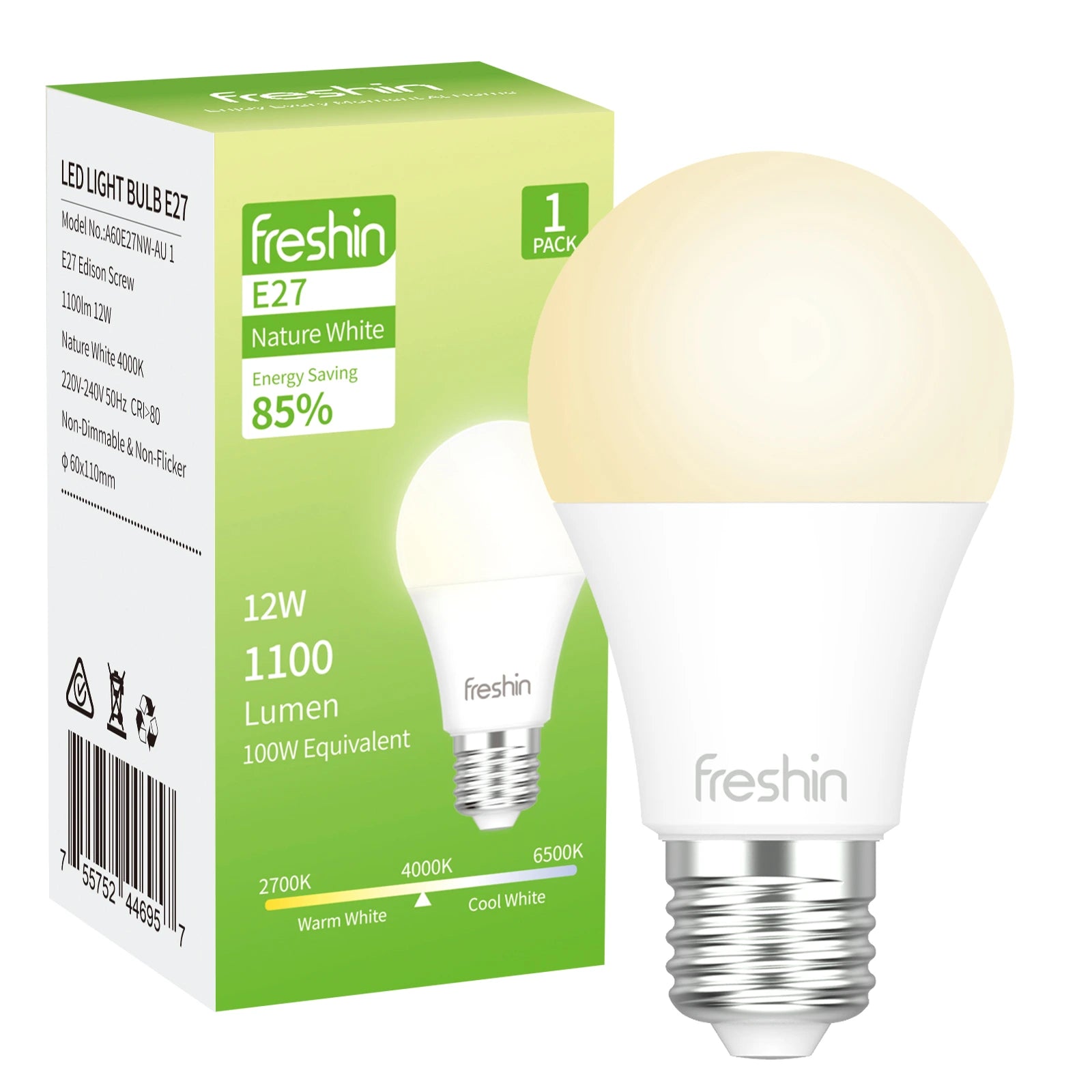 Natural White LED Bulb, E27, 12W, Non-Dimmable
