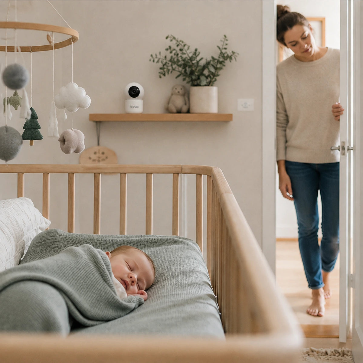 Parent checking on a sleeping baby