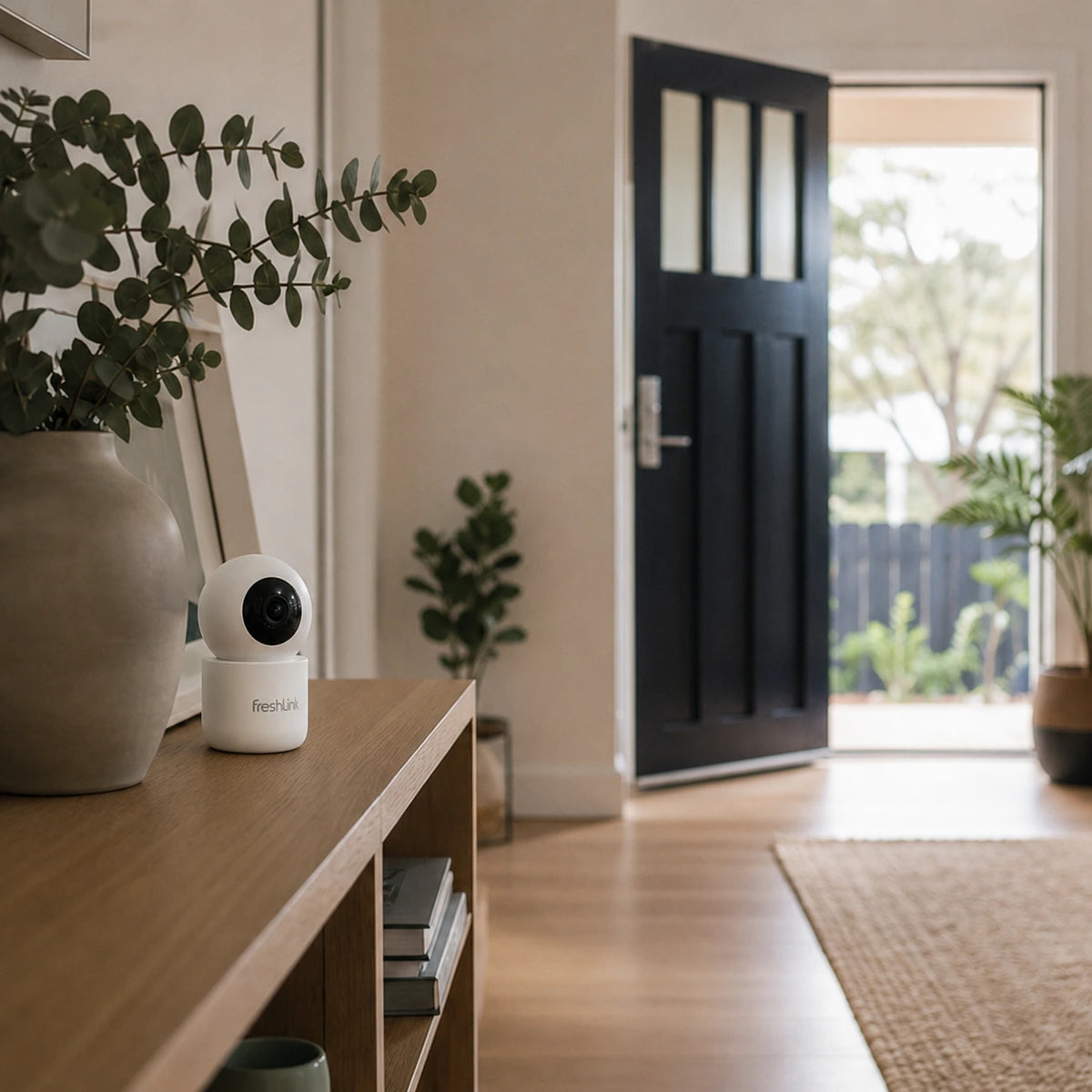 Home entry monitored by an indoor camera