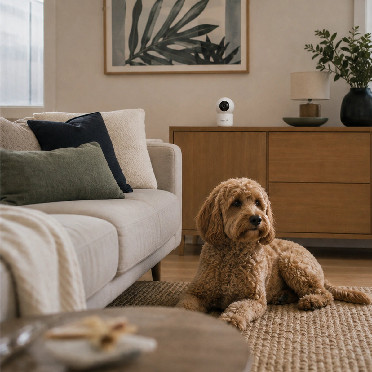 Dog relaxing at home with an indoor camera
